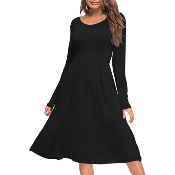 Dresses | Long Sleeve Pocket Empire Waist Pleated Loose Swing Casual Flare  Dress For Women | Poshmark